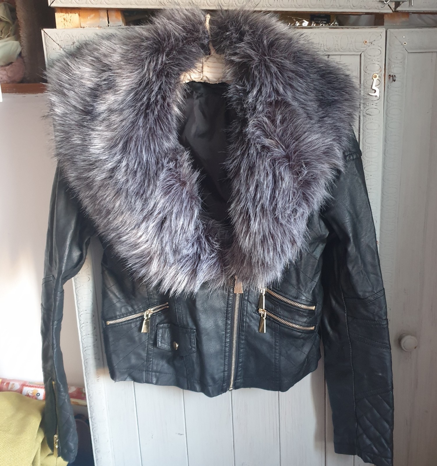 Flamant Rose Black Faux Leather Bomber Biker Jacket Sz S Grey Faux Fur Collar