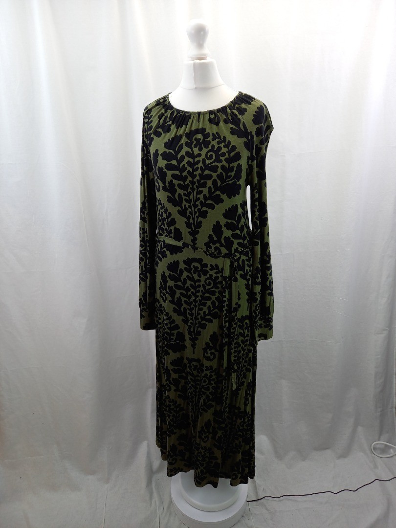 Boden khaki green black floral dress 6 belted midi long cuffed sleeves BNWT