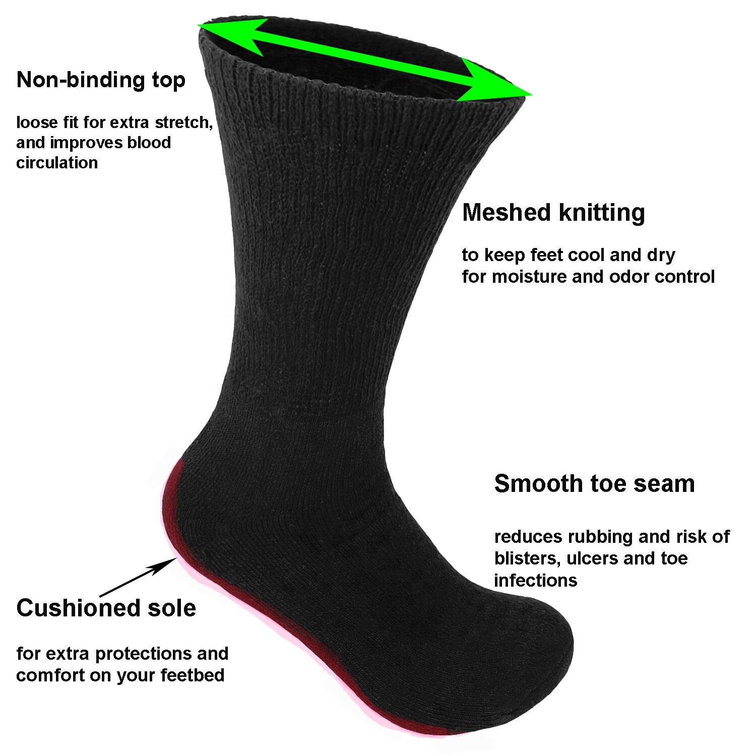 12 Pairs Diabetic Crew Circulatory Socks Health Women Cotton 9 10-15 long BK