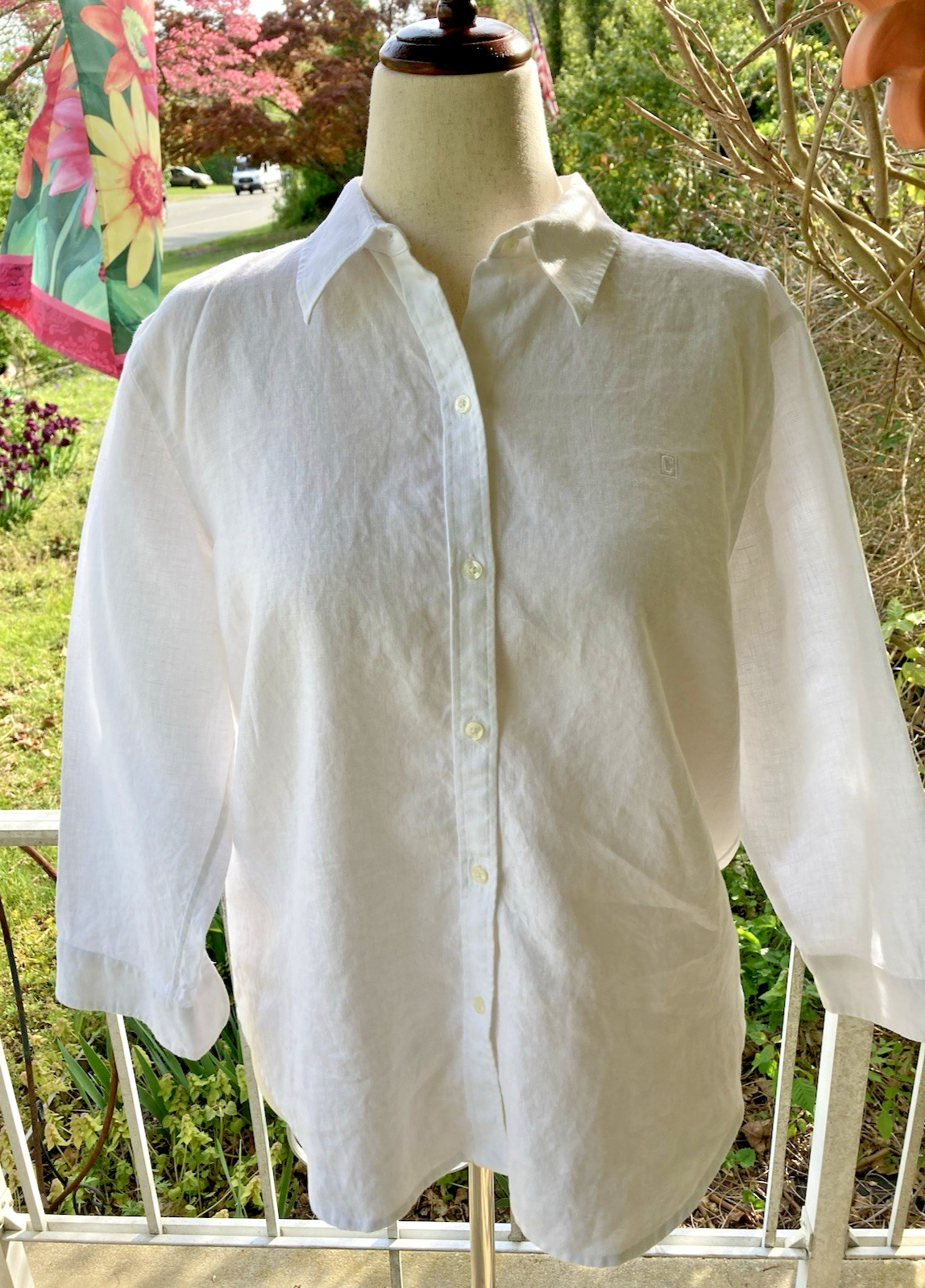 Chaps *Logo* White Button Up Collared Blouse 100% Linen SZ XL 3/4 Split Sleeve