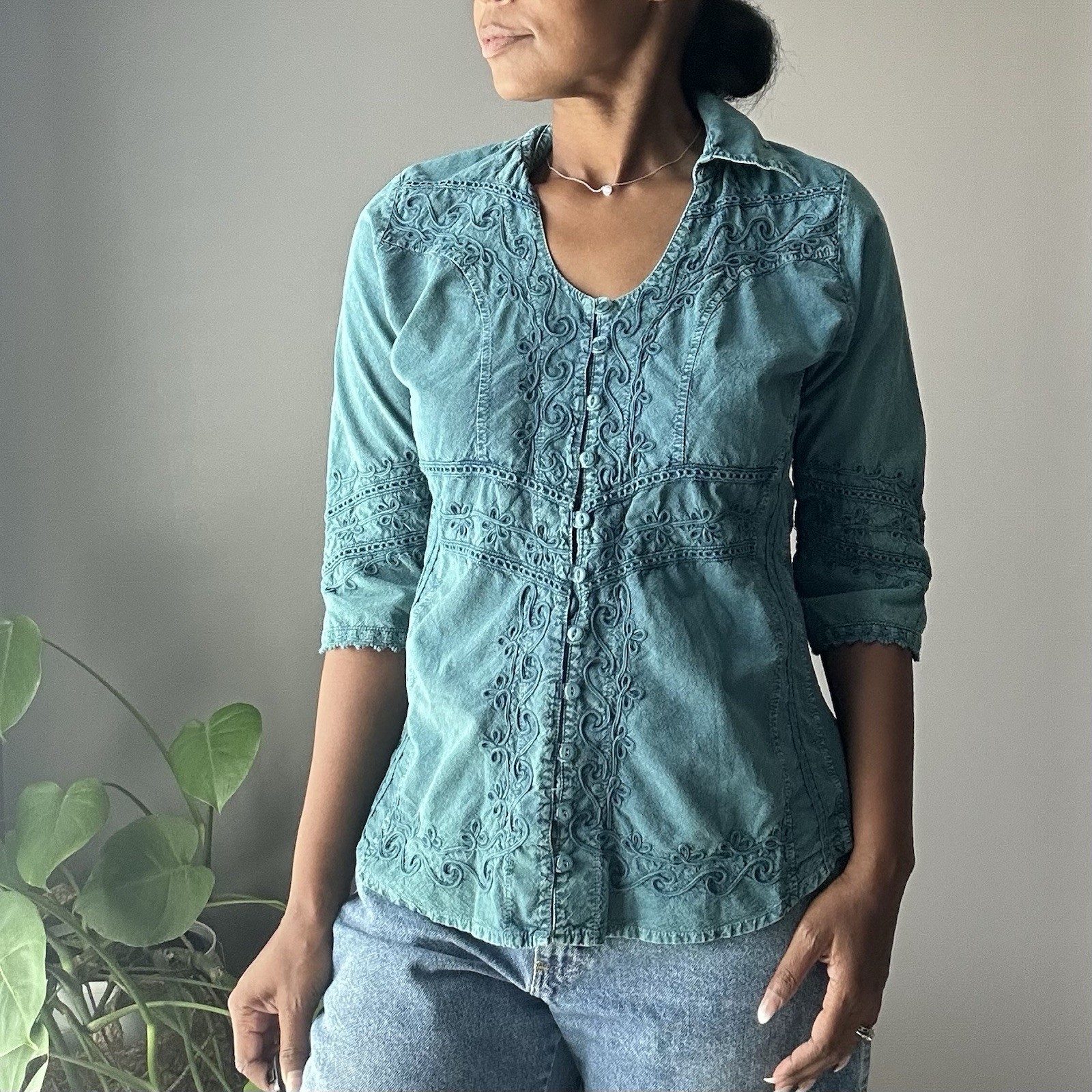 Inca Cottons Embroidered Collared Button Up Shirt Size Large Blue 100% Cotton