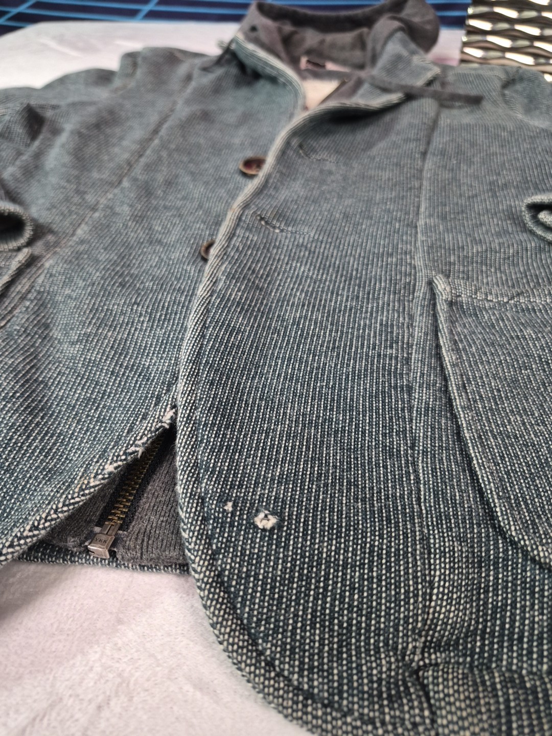 HOWE DISTRESSED COTTON BLEND SOFT TEAL FULL ZIP HOODIE BLAZER SIZE LARGE