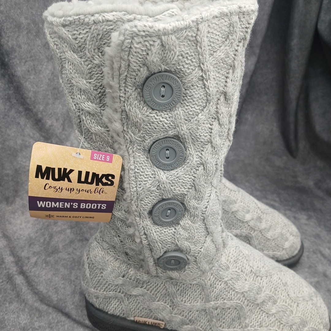 Muk Luks Lilyana Boots Womens 9 Gray Cable Knit Faux Fur Lined Comfort Shoes