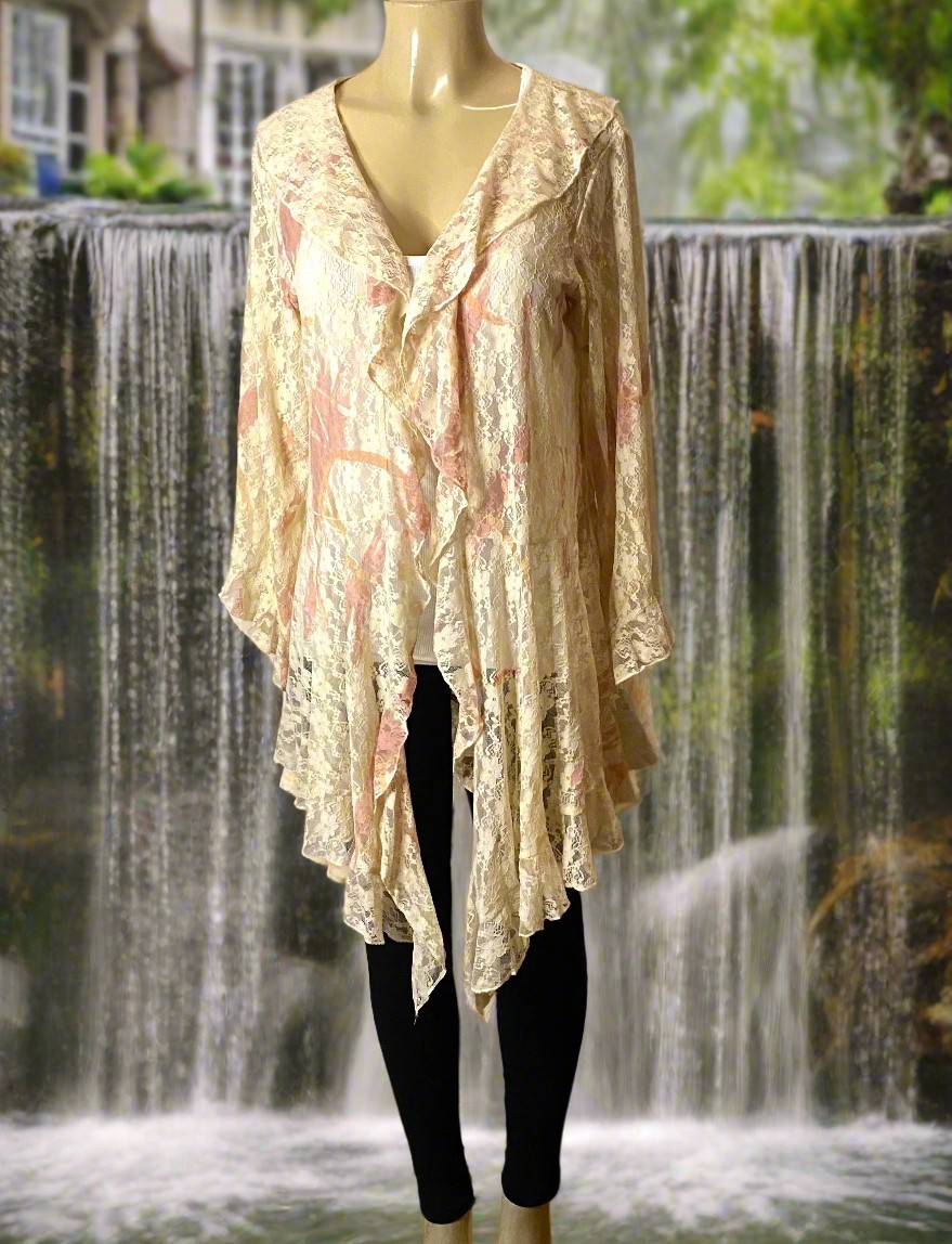 Origami Ivory Multicolor Lace Bell Sleeve Cardigan Medium