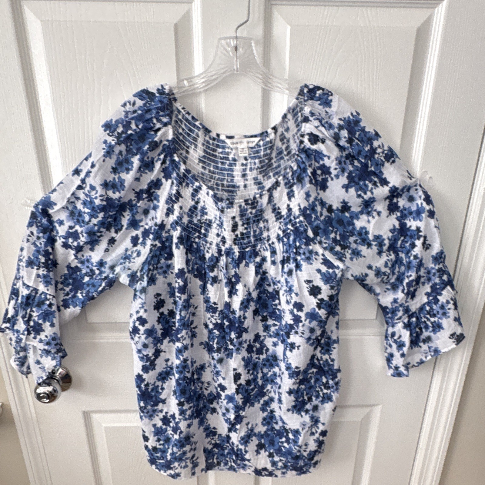 Counterparts Women’s Blue White Floral Square Neck Puff 3/4 Sleeve Blouse 2X