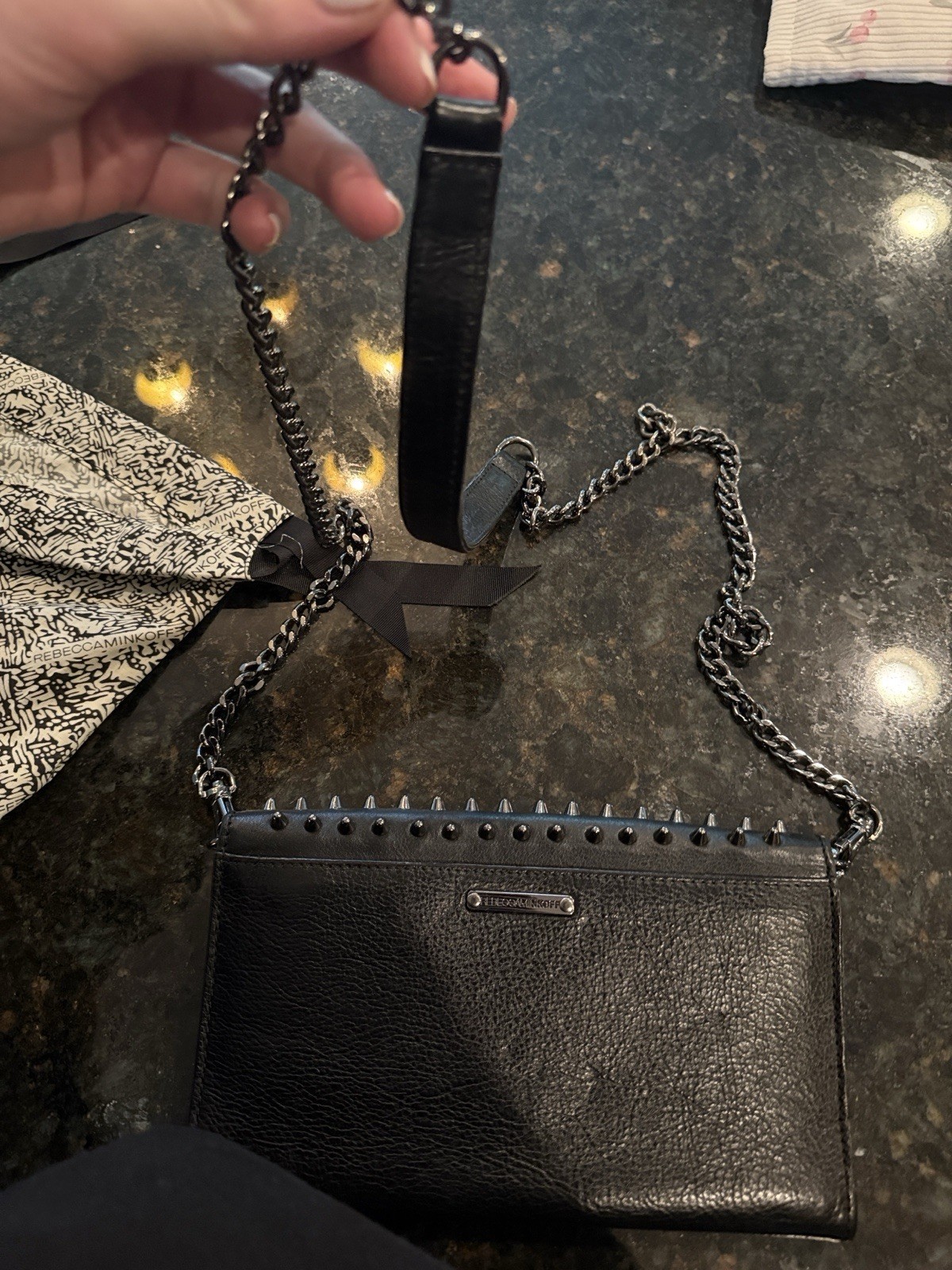 REBECCA MINKOFF Studded Chain Crossbody Mini Wallet Bag Black Leather