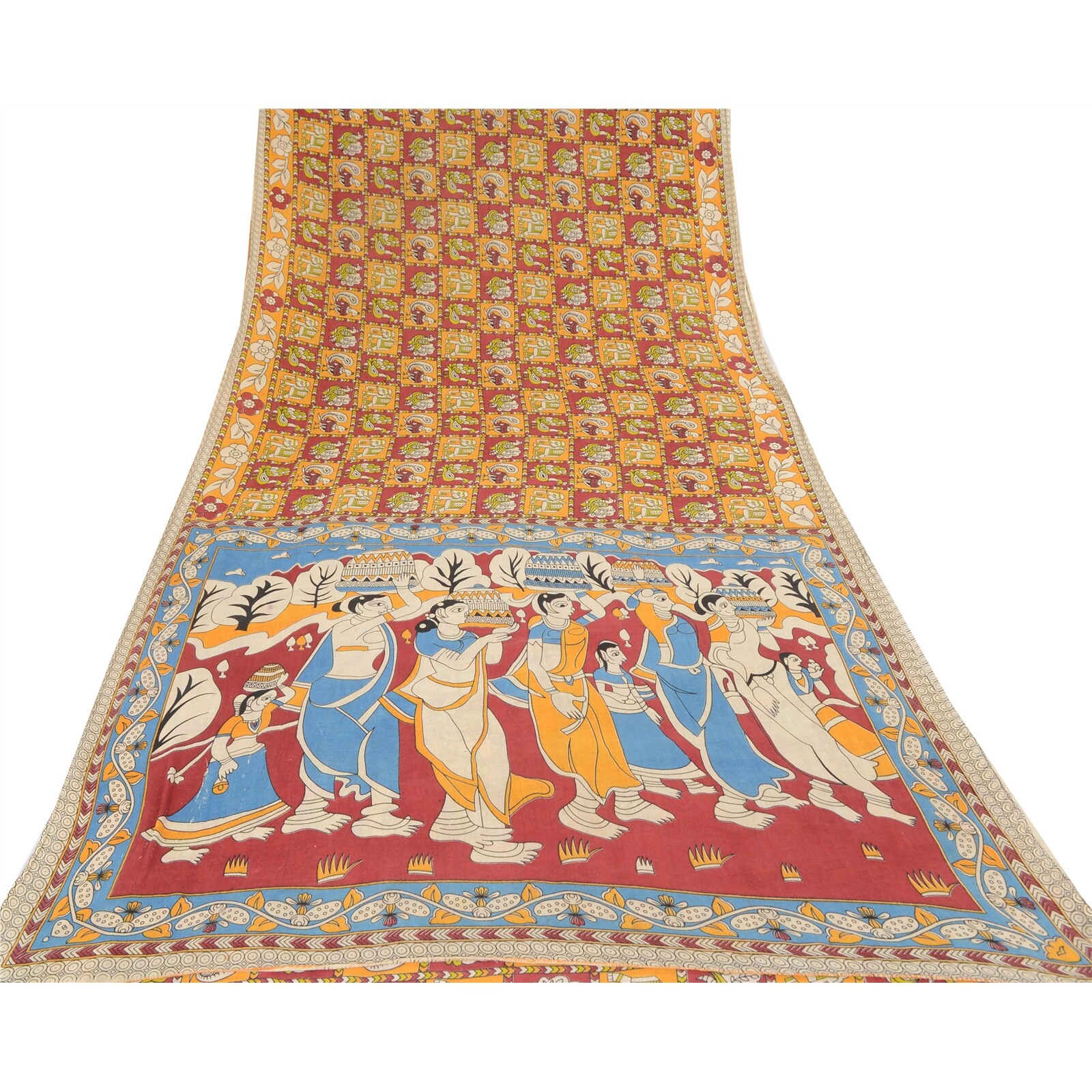 Sanskriti Vintage Sarees Pure Cotton Pattachitra Block Printed Sari Craft Fabric