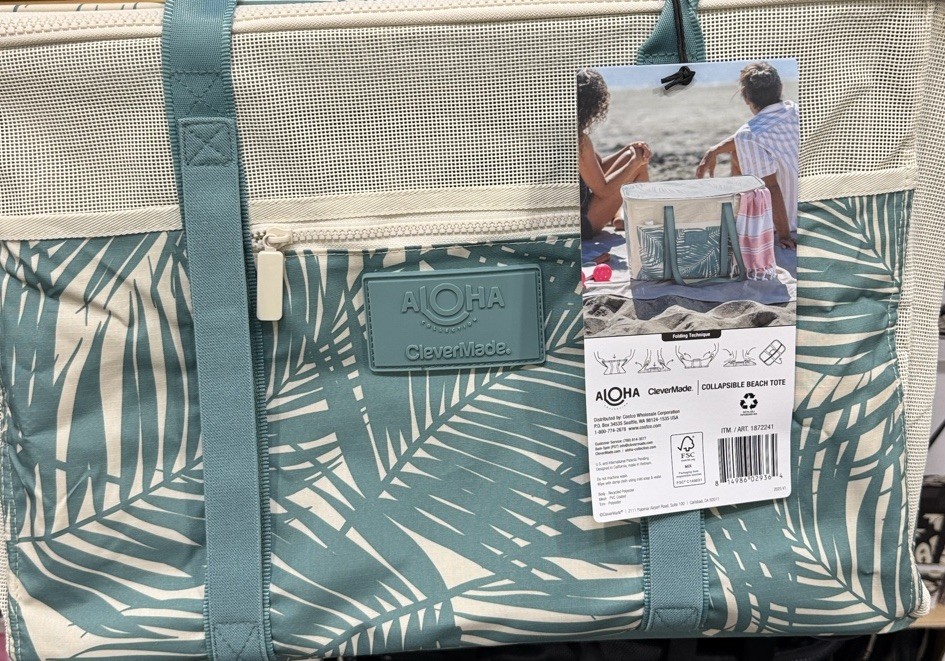 Aloha CleverMade Collapsible Beach Tote Bag Zip Top Tropical Print Green