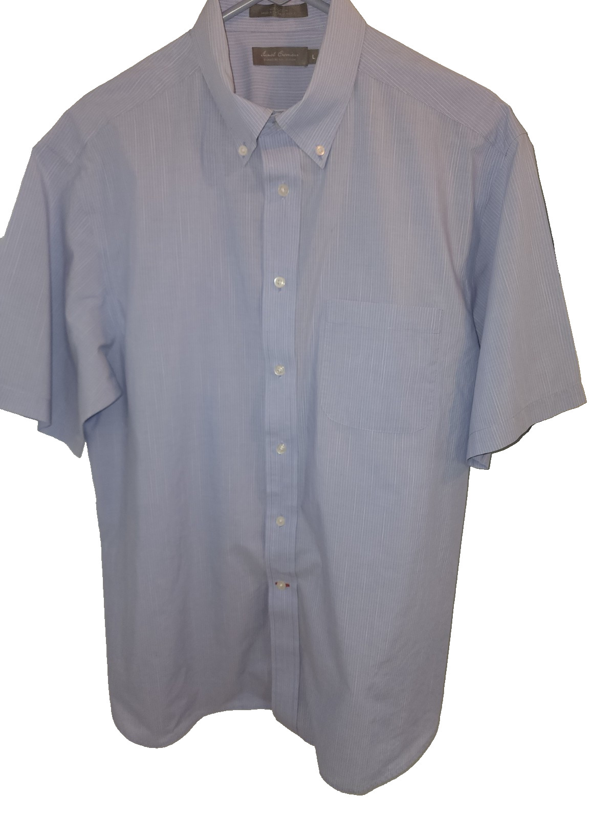 Daniel Cremieux Men’s Short Sleeve Shirt L – Blue w/White Pin Stripe-Button Coll