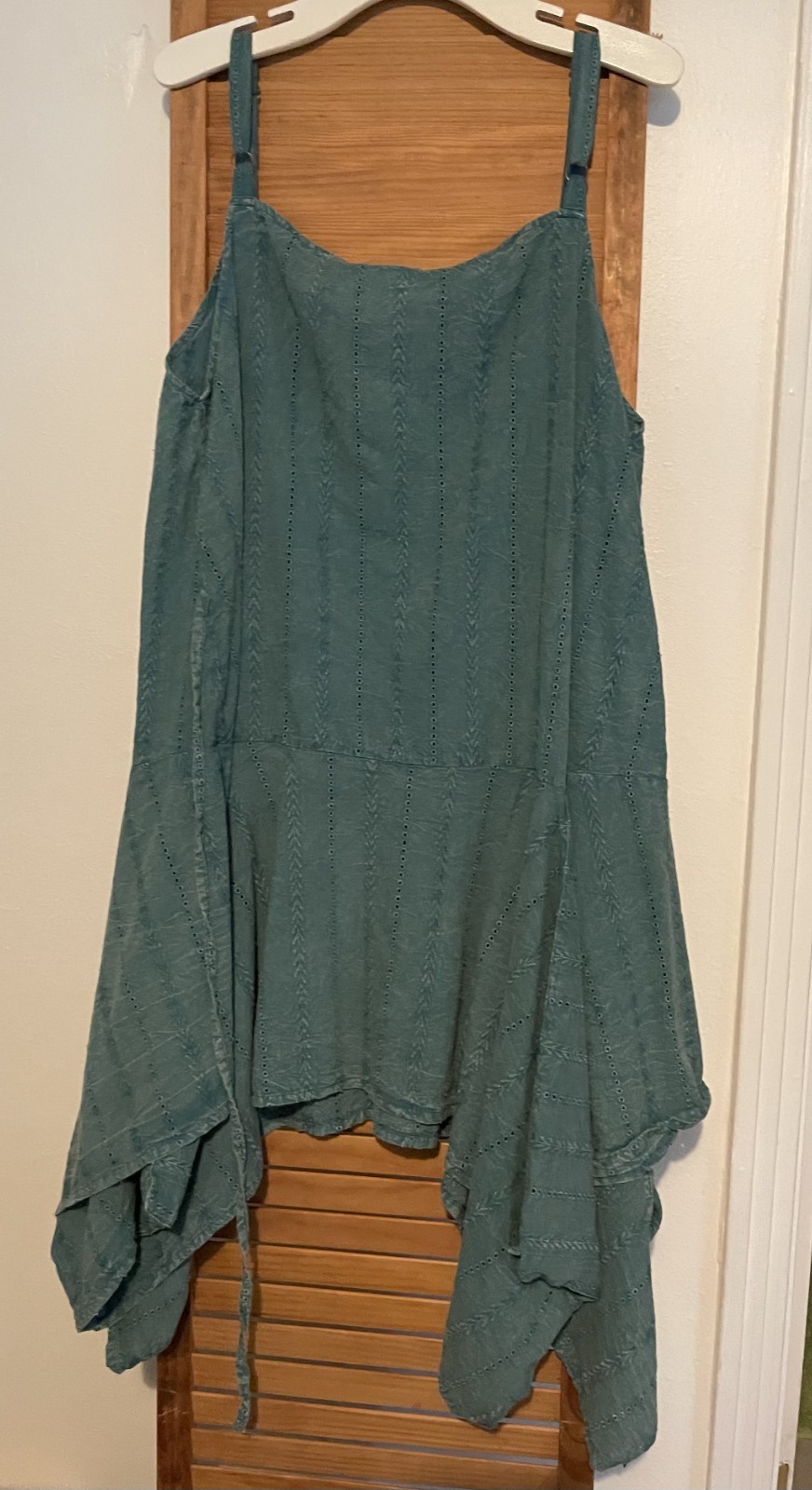 SALE Krista Larson Eucalyptus Teal Cotton Eyelet Asym Hem Pinwheel Dress OS