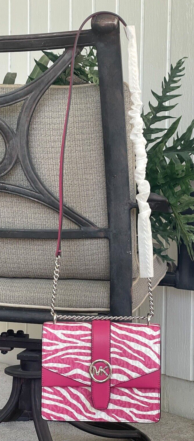 MICHAEL KORS GREENWICH SMALL FLAP CROSSBODY MK CHAIN BAG TOTE PINK ANIMAL ZEBRA