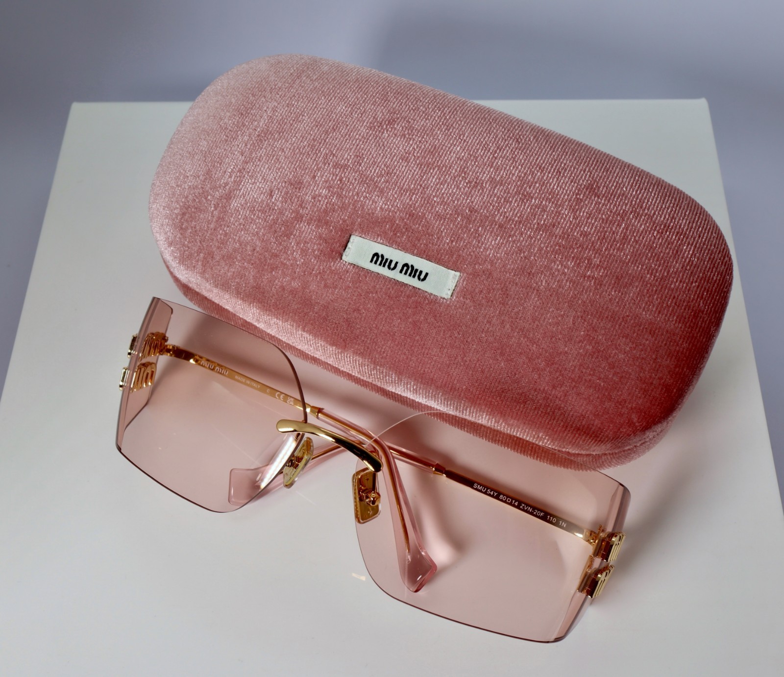Miu Miu MU 54YS ZVN20F 80mm Runway Rectangle Sunglasses in Gold with Pink Lens