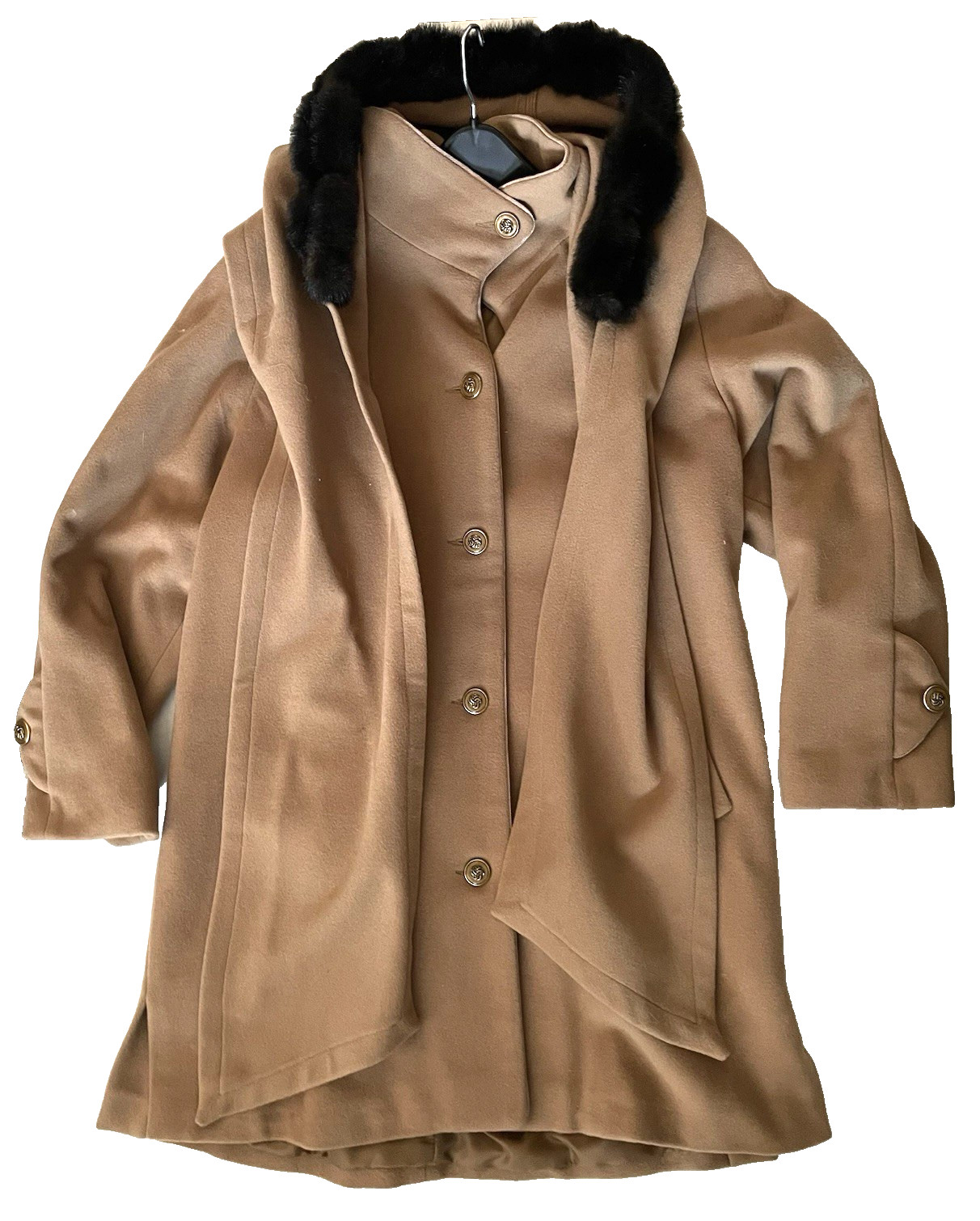 DENNIS BASSO Large L Wool Cashmere Blend Dress Coat w Hood Scarf Combo Faux Fur