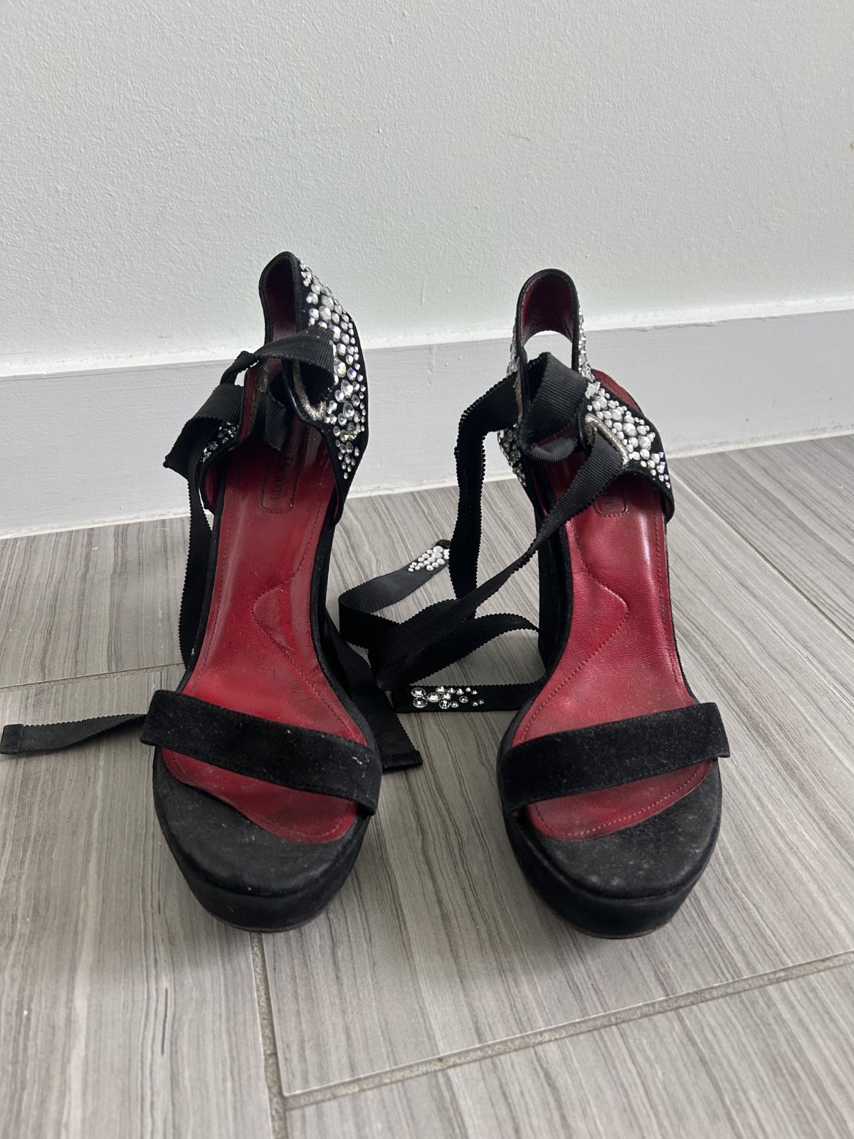 Cesare Paciotti Platform Heels Women Black Suede Rhinestone Ankle Wrap Sandals