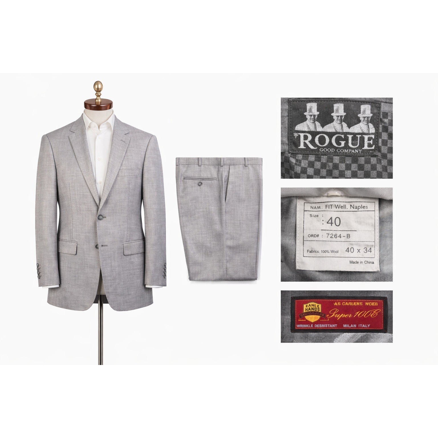 Rogue & Co Mens Gray Suit 40 Super 140s Virgin Wool 2 Button Modern Tailored