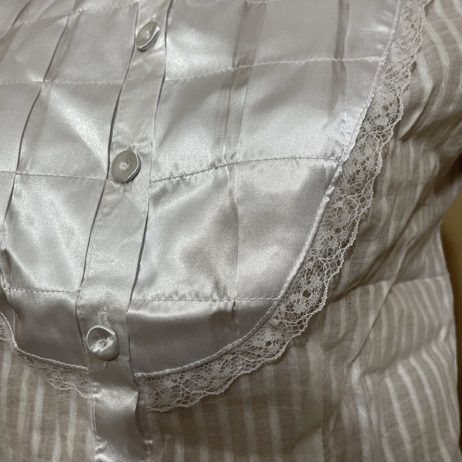 Women’s White Cotton Casual Sheer Striped Lace Satin Buttons Size L Blouse Top