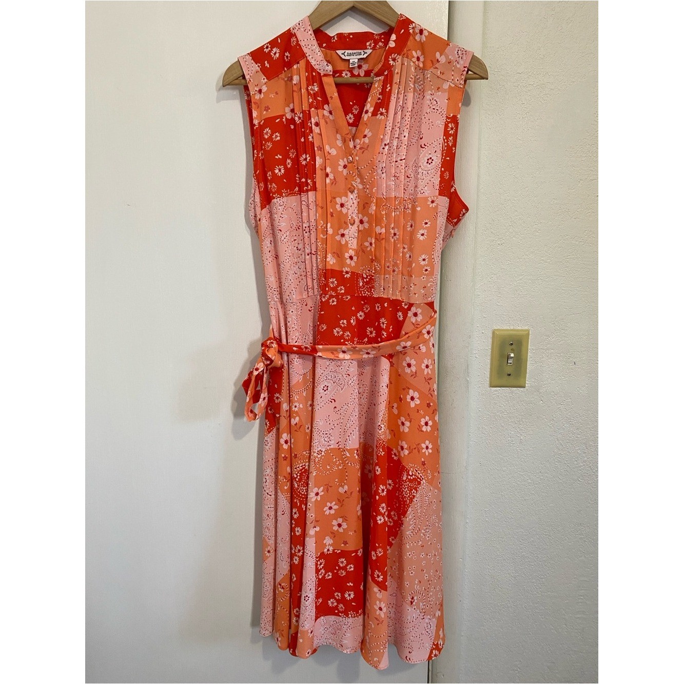 Nanette Lepore Dress Colorful Floral Chiffon Vivid Coral Orange Belted Size 14