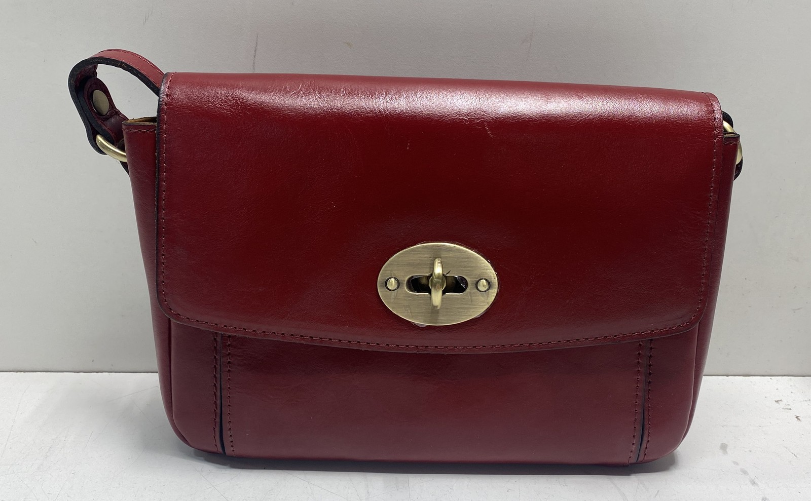 Patricia Nash Red Leather Flap Turn-lock Crossbody Shoulder Bag Brass Hardware