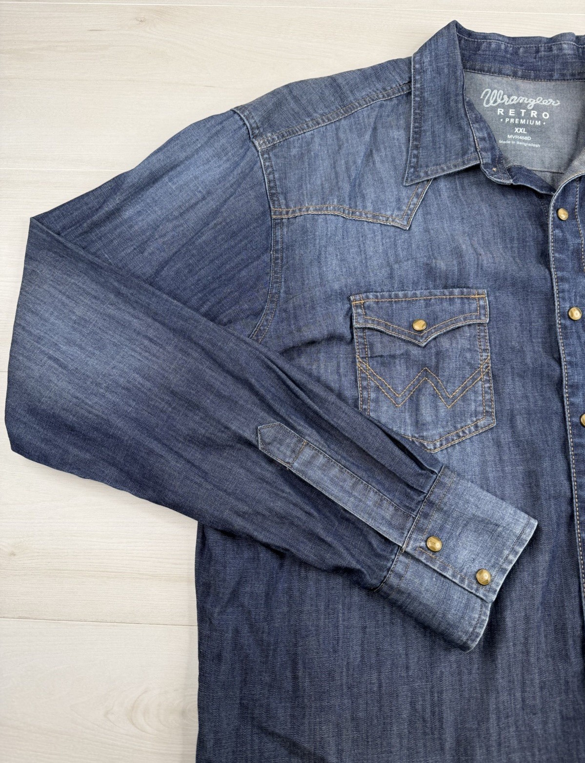 Wrangler Retro Denim Pearl Snap Shirt Blue Faded Western Lightweight Mens 2XL