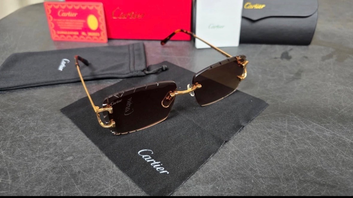 Cartier C Wire Diamond cut Gradient Brown Men’s Sunglasses Golden frame