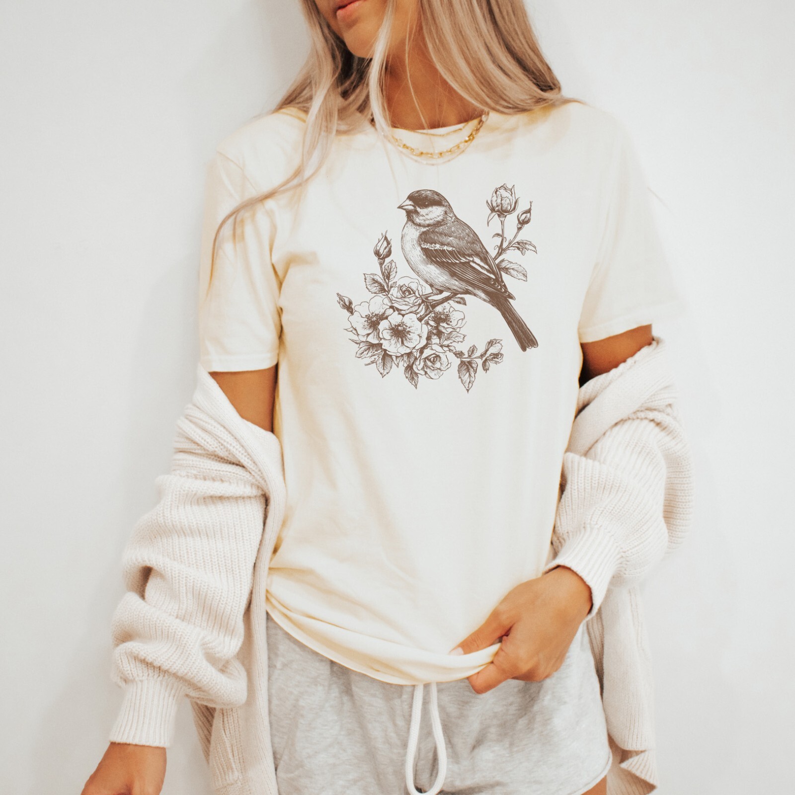 Bird and Floral Sketch Tee Sparrow Graphic T-shirt Nature Shirt