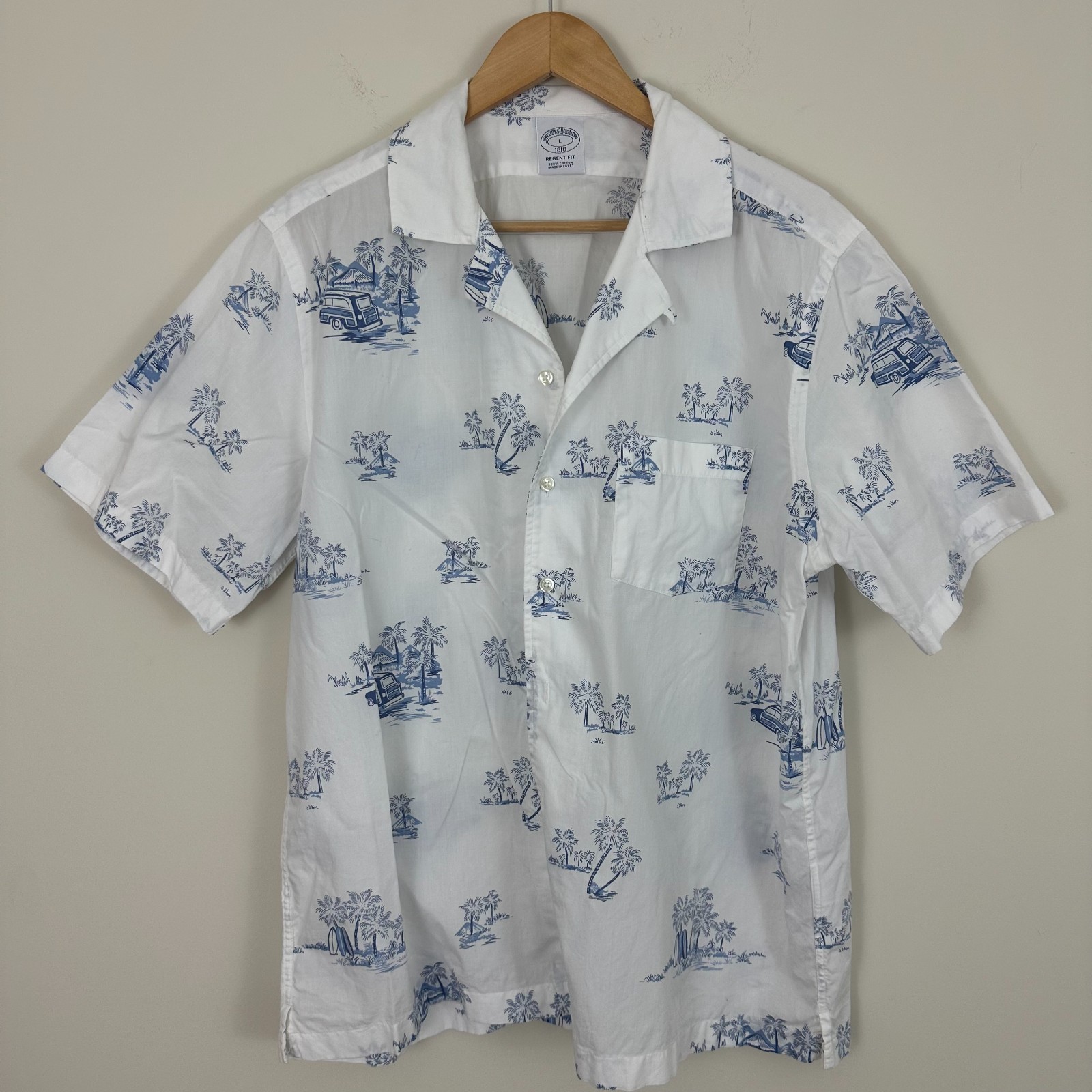 Brooks Brothers Hawaiian Camp Loop Shirt Blue Palm Tree Surfboard Regent Mens L