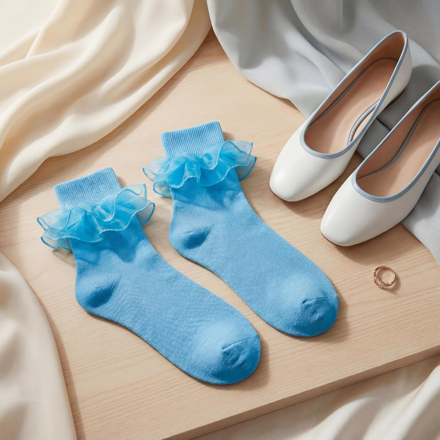 Socks for Women Big Ruffle Socks with Turn Cuff and Double Lace 9-11 Light Blue