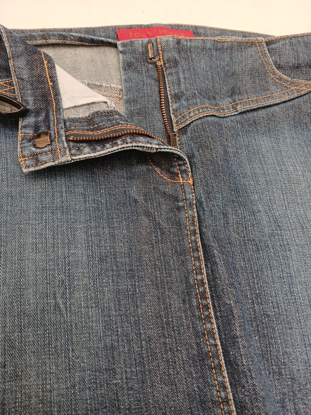 French Connection FCUK Denim Mini Skirt UK 14 Metal Logo Tag Zip and Hook Close.