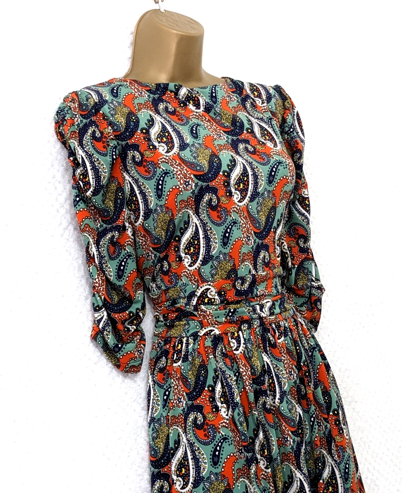 JOLIE MOI Green Multi Paisley Fit Flare Midi Dress UK 16 Ruched Sleeve Occasion