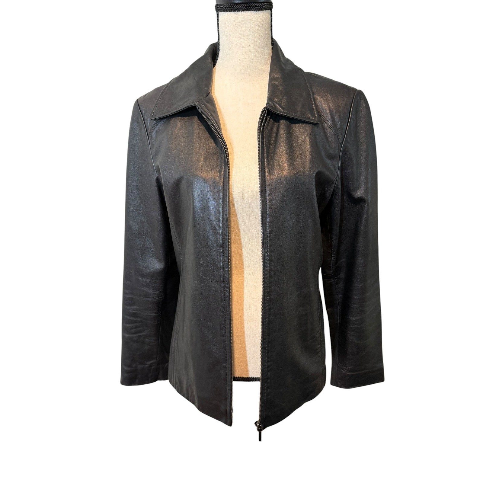 Vintage Worthington Black Lambskin Leather Zip Up Jacket Medium 90s Y2K Minimal