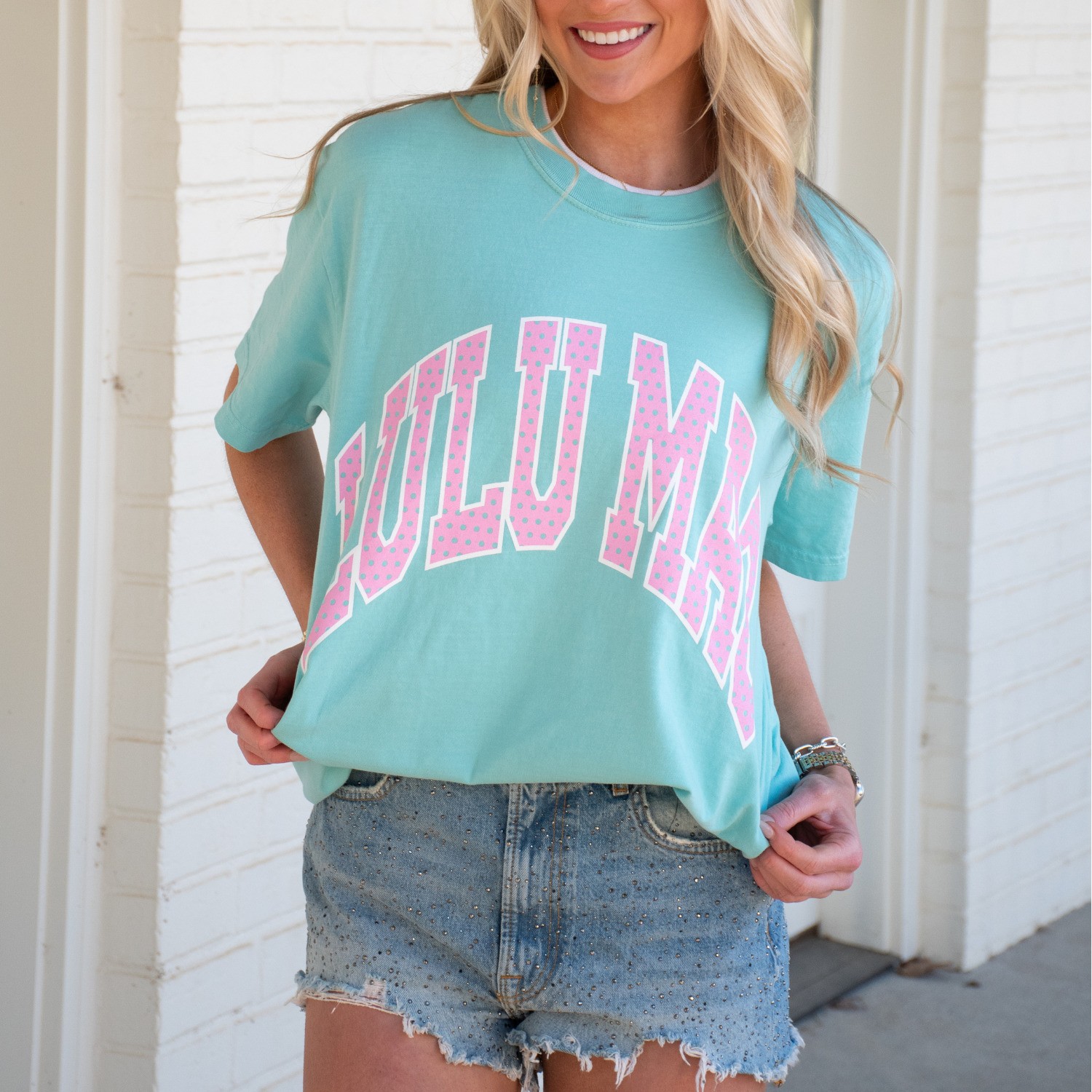 Lulu Mac Polka Dot Graphic T-Shirt Chalky Mint Comfort Colors Adult Small