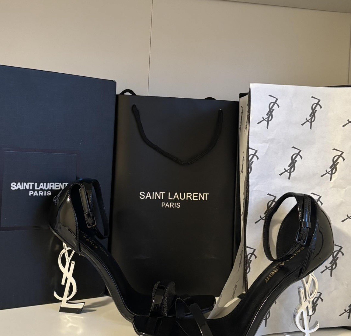 Saint Laurent Opyum Black Patent Leather Silver YSL Logo Heel Sandals Pump 38