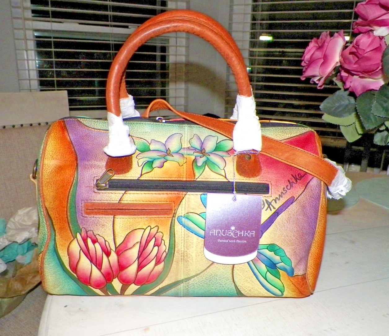 ANUSCHKA HAND PAINTED FLORAL & DRAGONFLIES PURSE NEW WITH TAGS