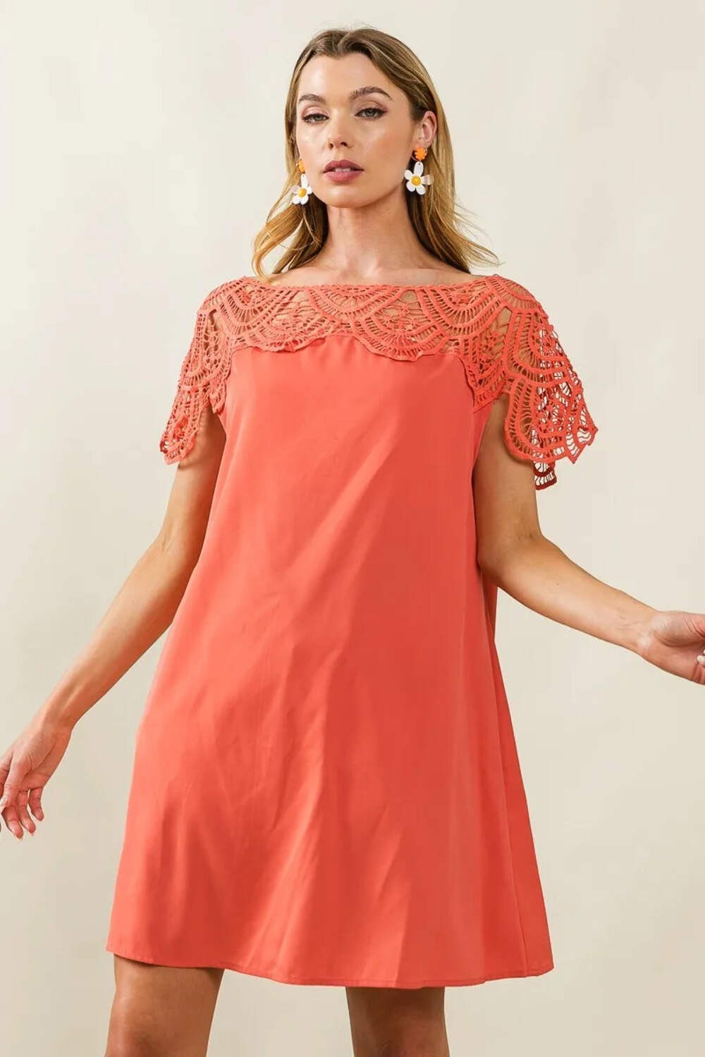 Crochet Lace Yoke Detailed Wrinkled Dress