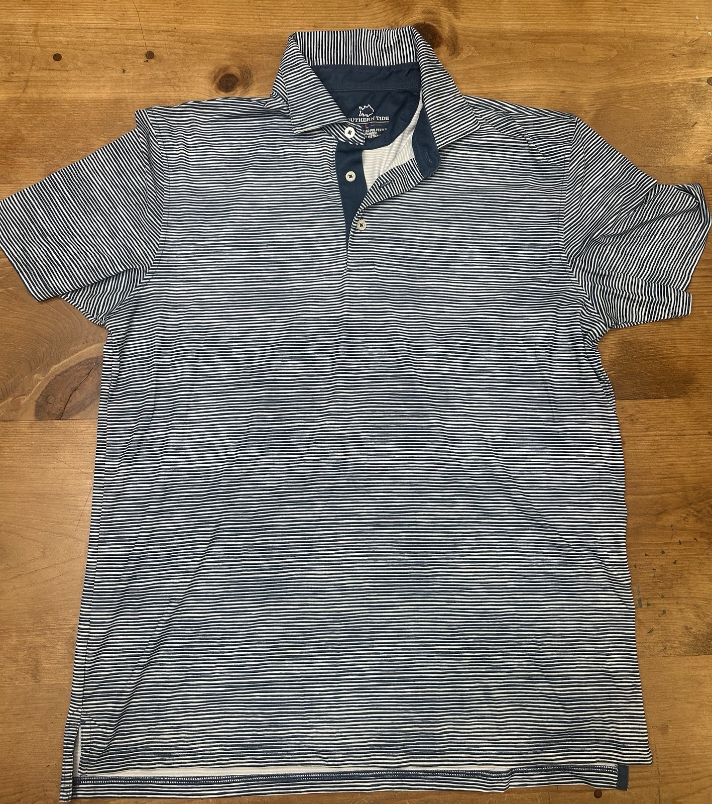 Southern Tide Men’s Blue/White Striped Short Sleeve Collared Polo, Button, L