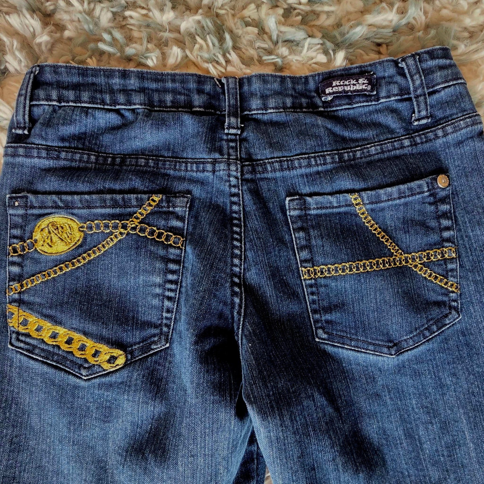 Rock & Republic Womens Dark Wash Flare Jeans Gold Chain Pocket Made in USA 27