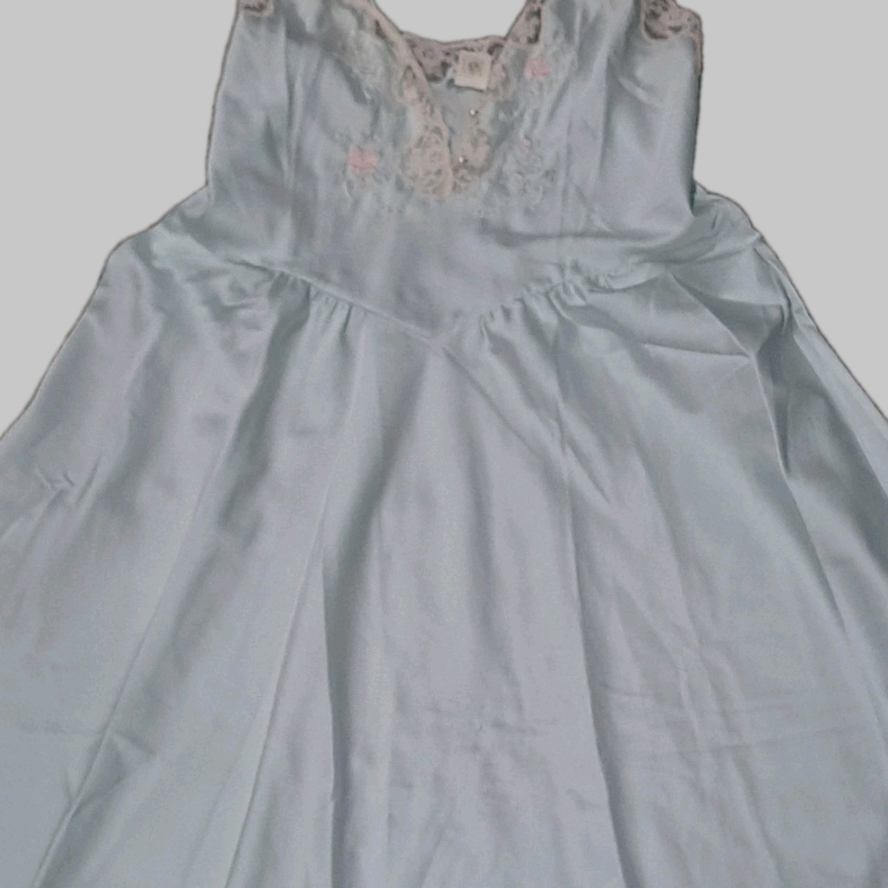 Vtg Sara Beth Gown M Pale Aqua Lace Bodice Curved Slit Hem Pearl Button Soft