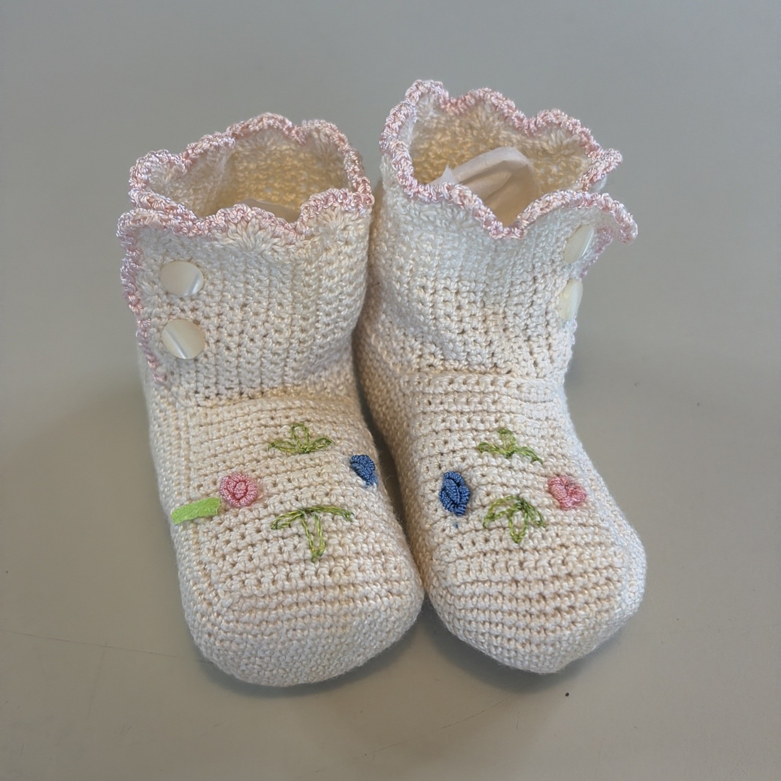 Vintage Hand Crocheted Ivory Pink Blue Flower Infant Booties