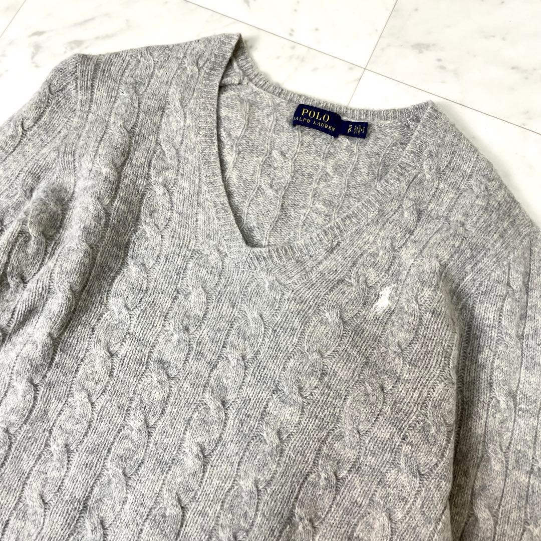 Polo Ralph Lauren CABLE KNIT WOOL CASHMERE V-NECK SWEATER Size S (P) Grey