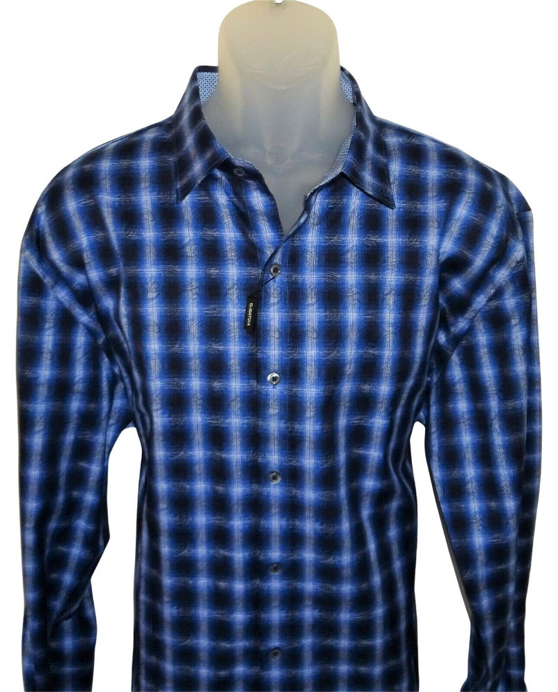 Bugatchi Long Sleeve Shirt XXL Shaped Fit Navy Blue Wavy Geo Check Pattern NWT