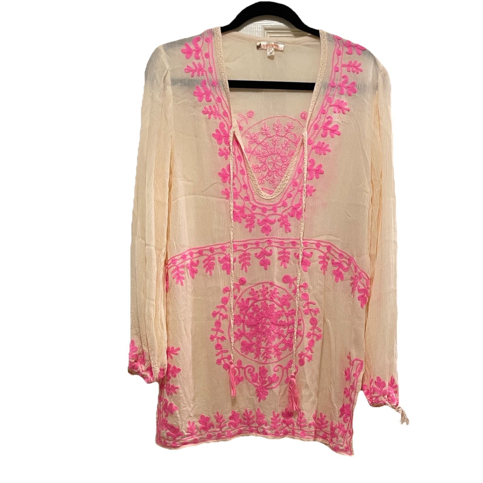 RISE & BLOOM Blush and Pink Embroidered Gauzy Tunic Top Cover Up Sz S