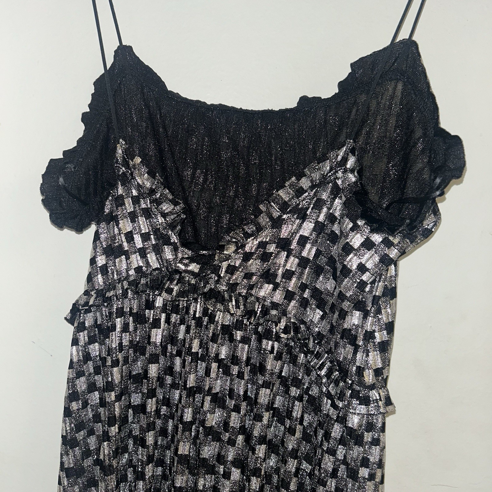 Zara Black Silver Metallic Shimmery Thin Strapped Cinched Waist Dress Small