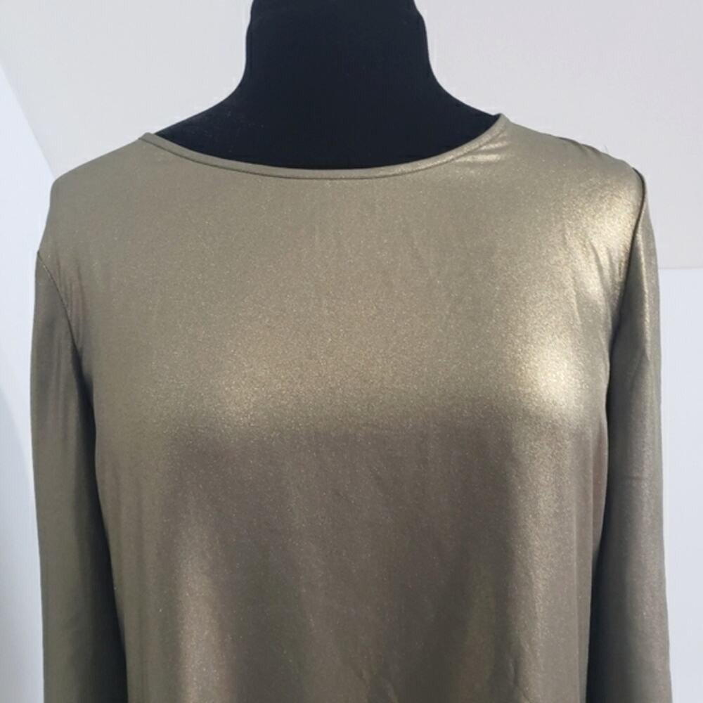 Chico’s Green Gold Metallic Lagenlook Asymmetric Hem Tunic Top Size Medium