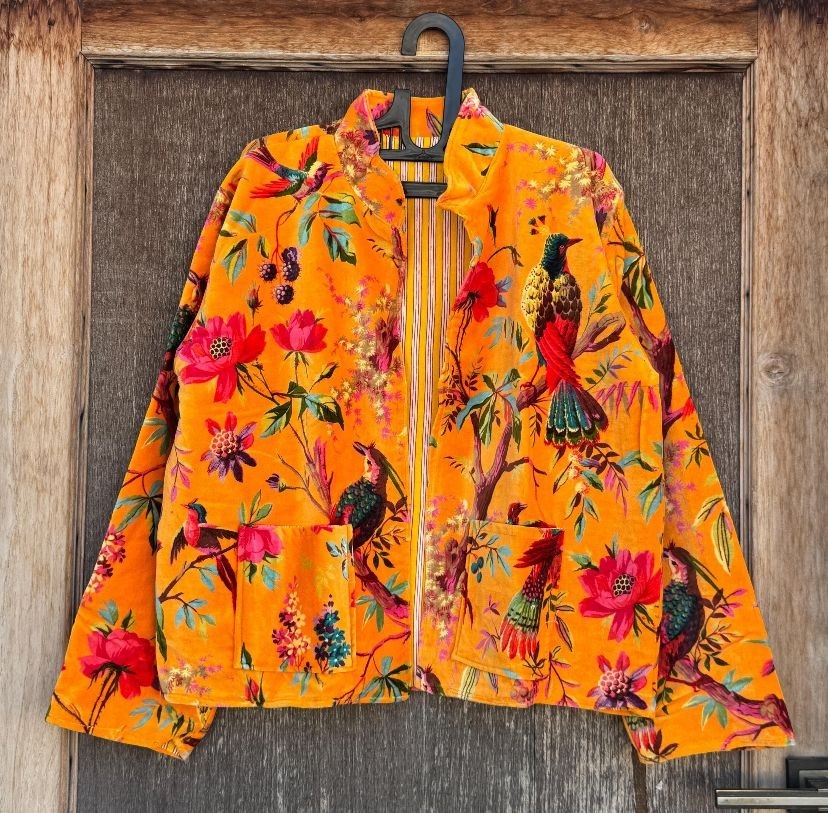 Vtg Velvet Floral Bird Print Jacket Mustard Yellow Pink Botanical Boho Coat