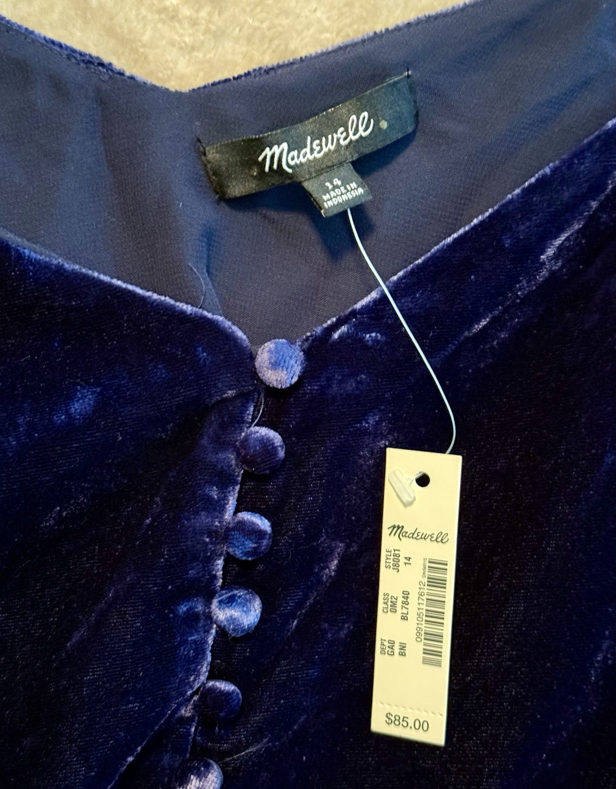 Madewell Velvet Button Down Cami Top Blue Women’s Sz 14 Whimsigoth 90’s Boho NWT