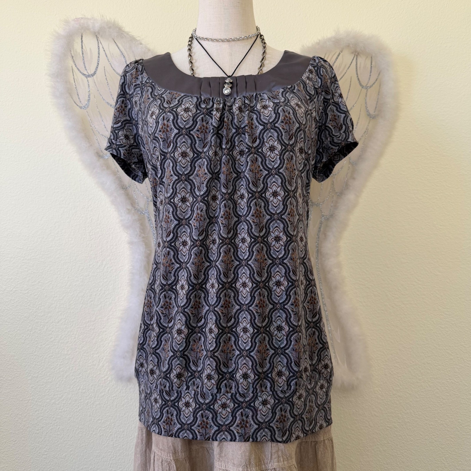 Whimsy Twee Boho Gray Funky Pattern Cap Sleeve Blouse Top Rhinestones 2000s Cute