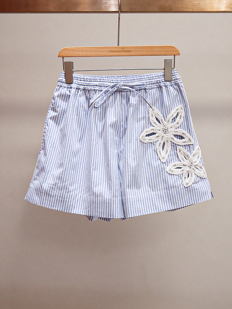 Sandro Striped Wide Leg Shorts Embroidered Pearl Waist Tie