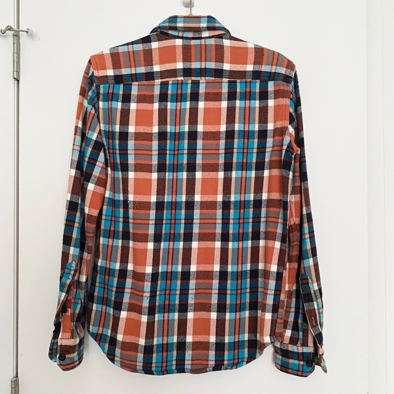 American Eagle Outfitters Plaid Flannel Button Up Shirt Shacket Orange Blue XS