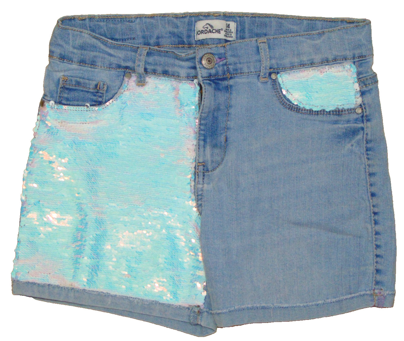 Jordache Mermaid Sequin Denim Shorts Girls Size 14 Blue Jean Sparkle