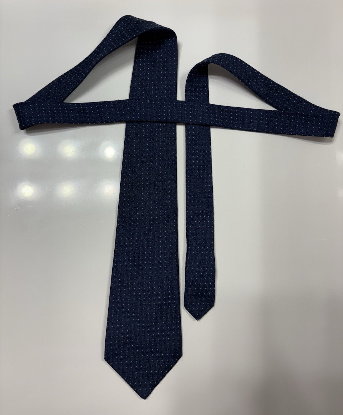 Prada Milano Men’s Tie Silk Jacquard Polka Dot Navy/White Pointed Logo
